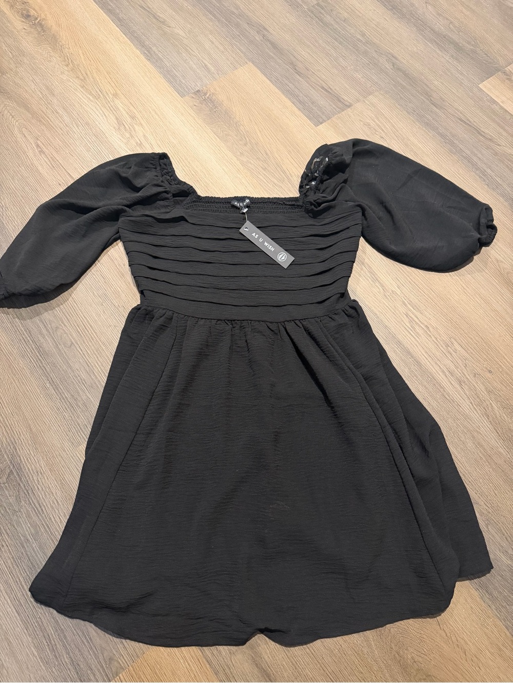 As U Wish Black Puff Sleeve Smocked Bodice Mini Dress